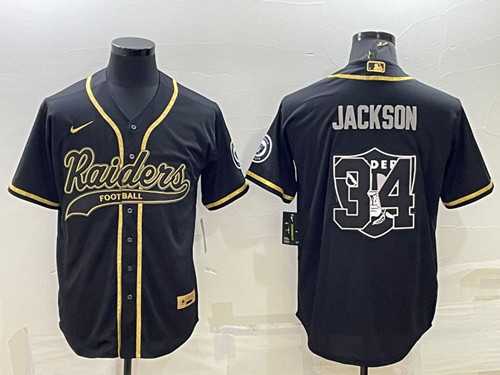 Mens Las Vegas Raiders #34 Bo Jackson Black Gold Team Big Logo With Patch Cool Base Stitched Baseball Jersey->las vegas raiders->NFL Jersey
